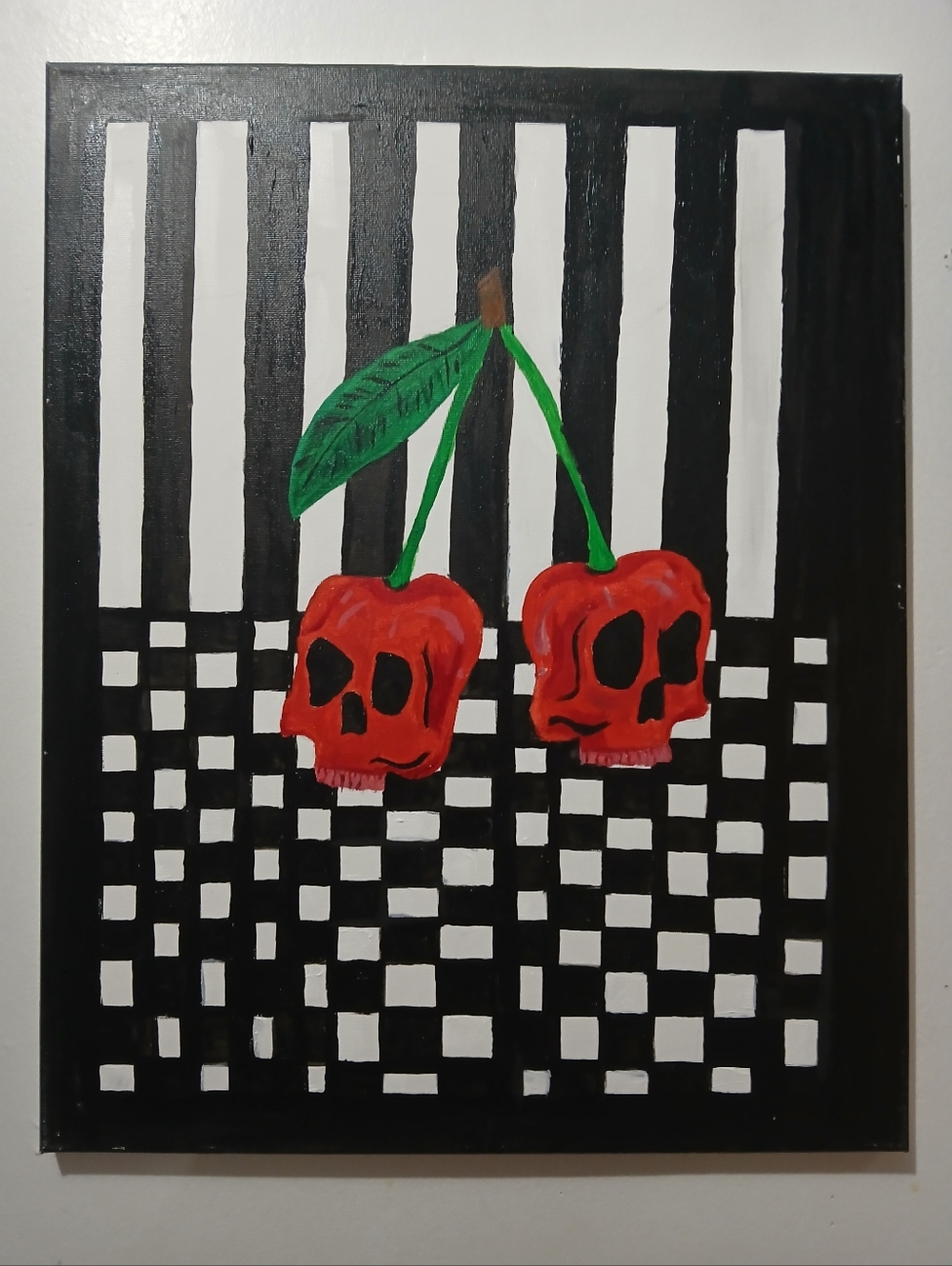Hand-Painted Cherries Skull 16 × 20 Canvas Art
